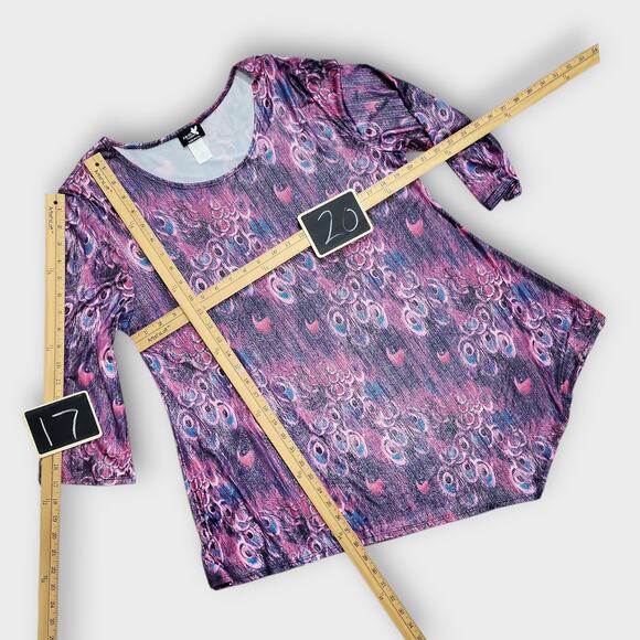 J&JL Top Womens XL Peacock Feather Print Asymmetric Casual Purple Colorful - Picture 4 of 10